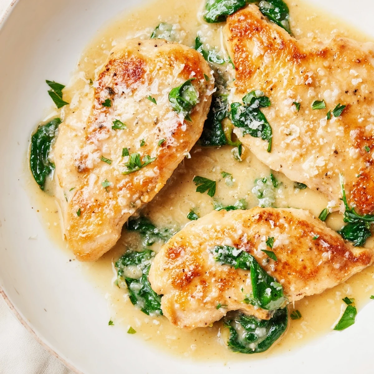 Creamy parmesan chicken skillet featuring tender meat topped with white cheese sauce and green spinach