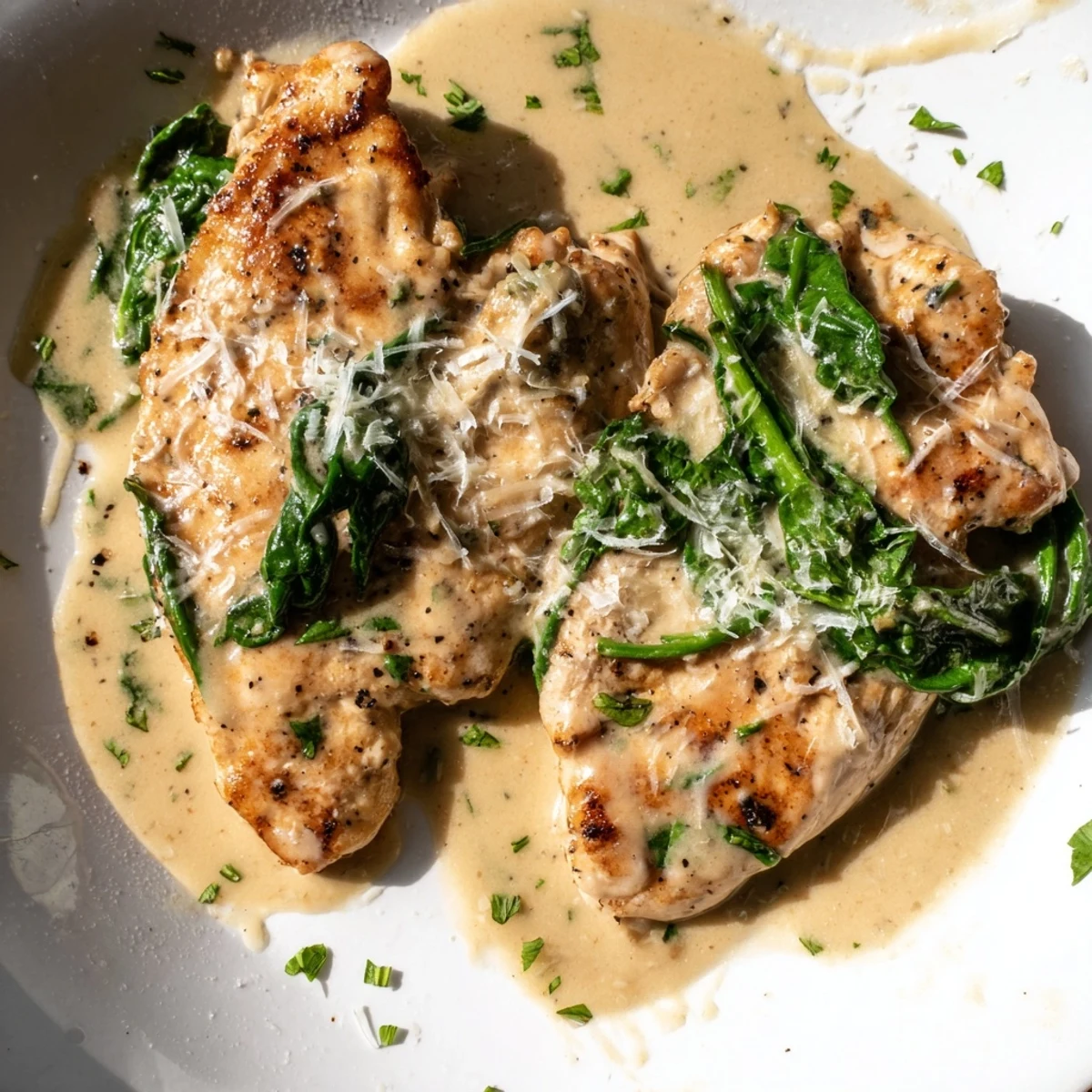 One-pan chicken dinner in thick parmesan cream sauce served with buttery pasta and fresh herbs