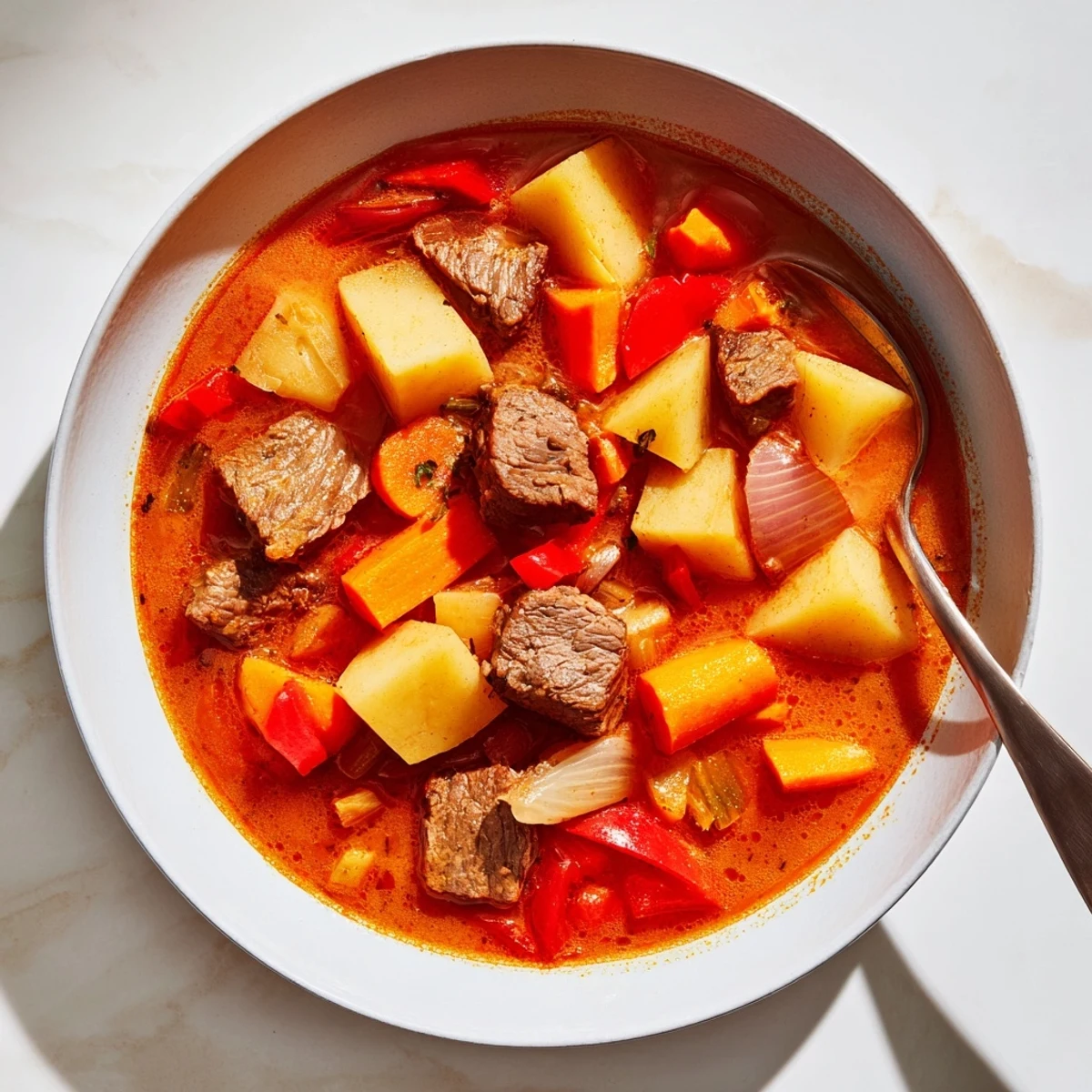 Rich Hungarian Gulyás beef stew with tender meat, carrots, and potatoes in a paprika-infused broth, garnished with fresh parsley