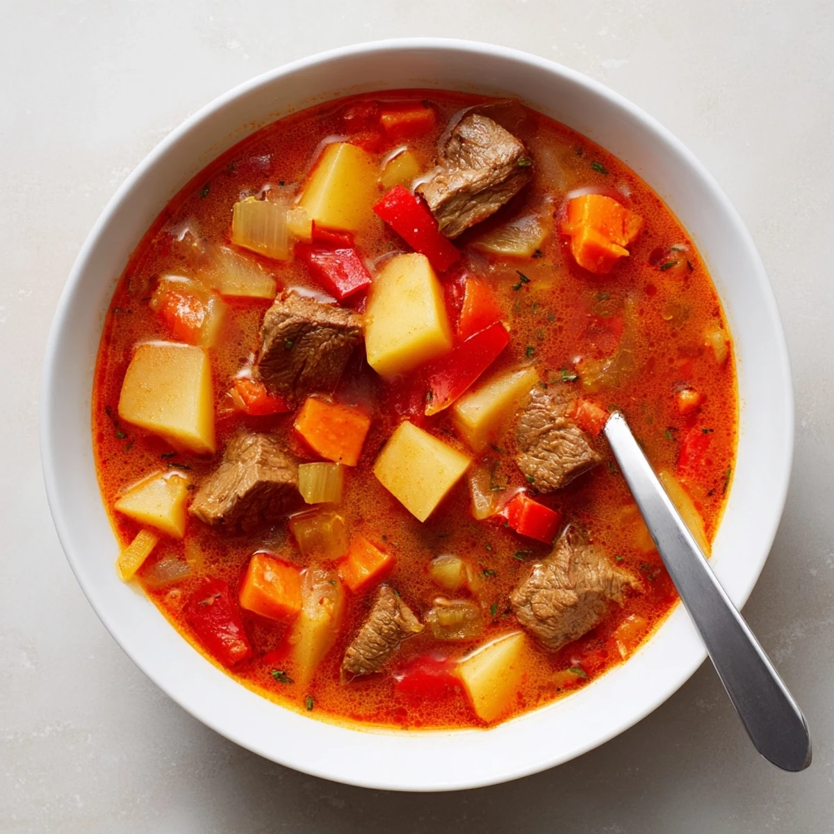 Hearty Hungarian Gulyás soup featuring fork-tender beef cubes, colorful vegetables, and rustic aromatics served in a traditional bowl