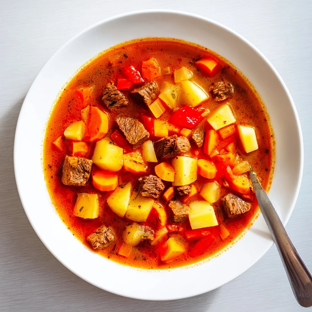 Steaming Hungarian Gulyás stew showcasing chunks of beef, diced potatoes, and bell peppers simmered in a flavorful red broth