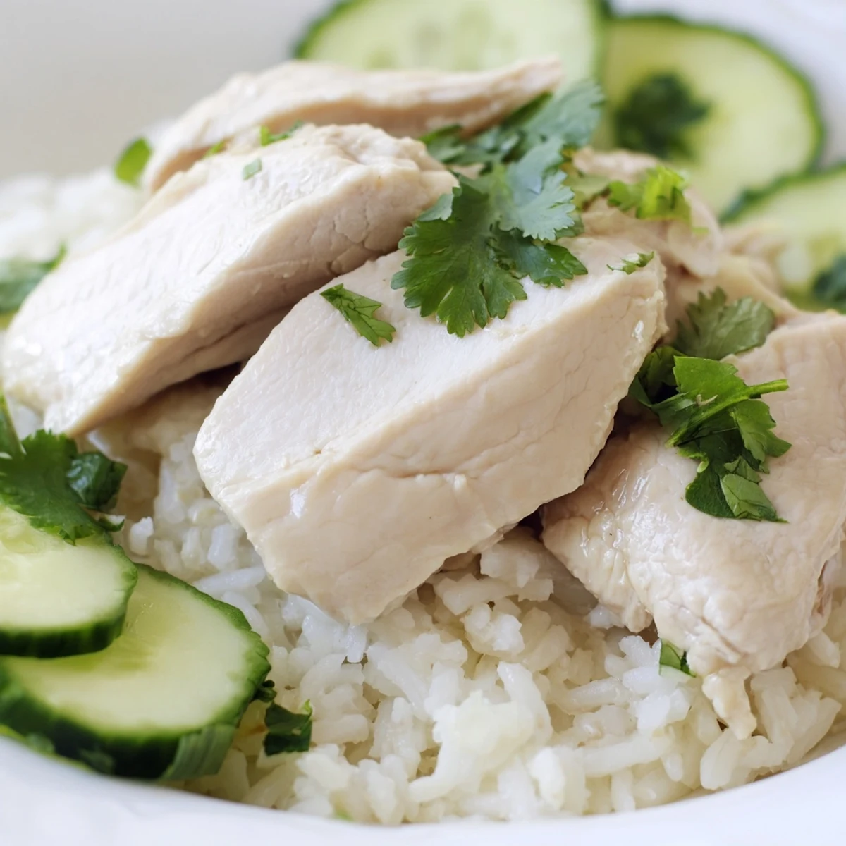 Golden poached chicken served over fragrant garlic ginger rice with fresh cilantro garnish