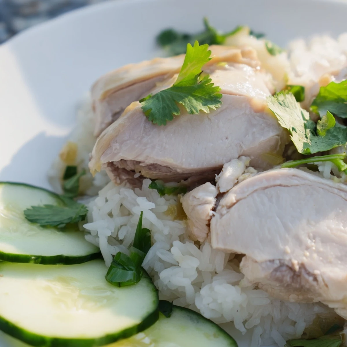 Steaming bowl of aromatic jasmine rice topped with succulent poached chicken and scallions