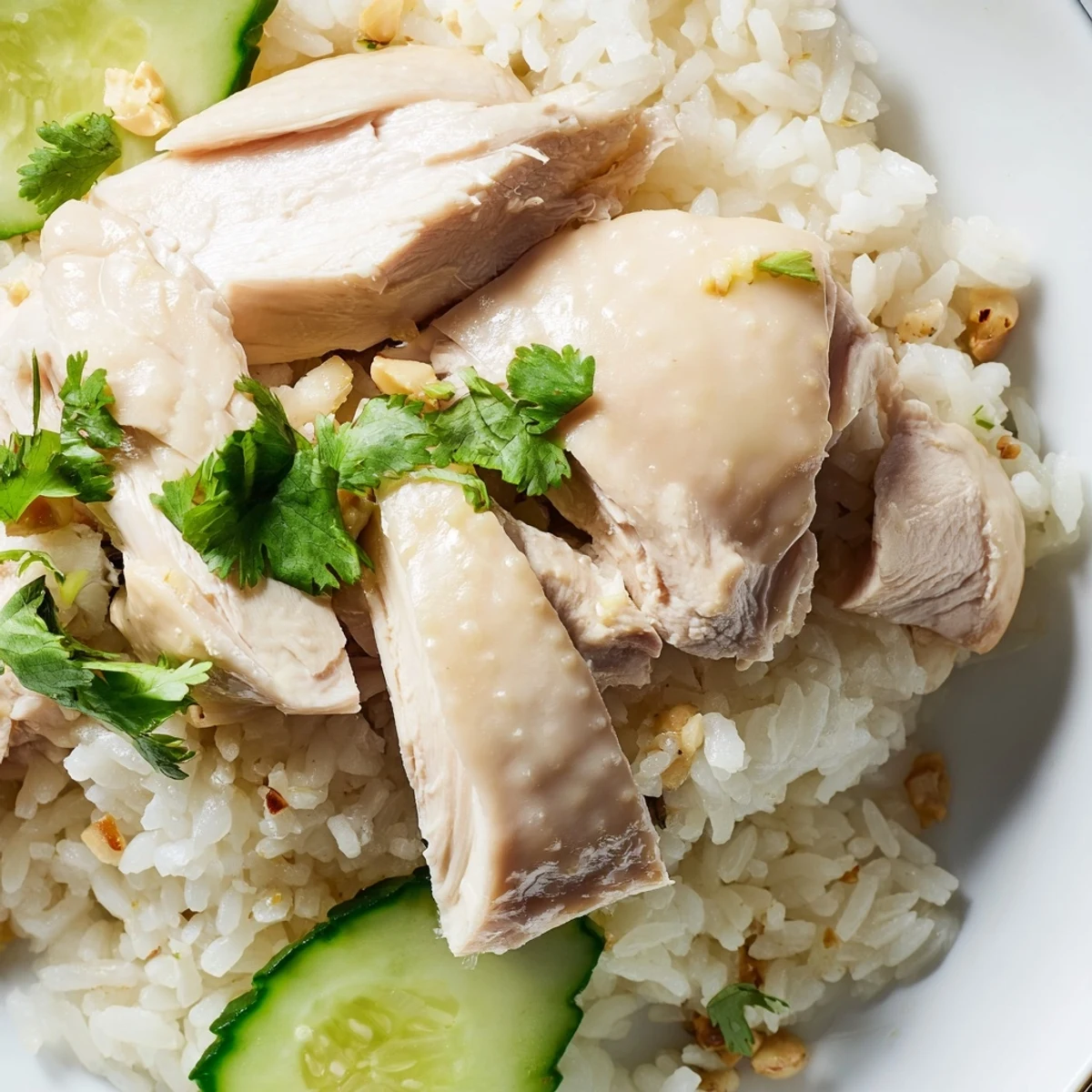 Tender Hainanese chicken rice plated with cucumber slices and spicy chili dipping sauce