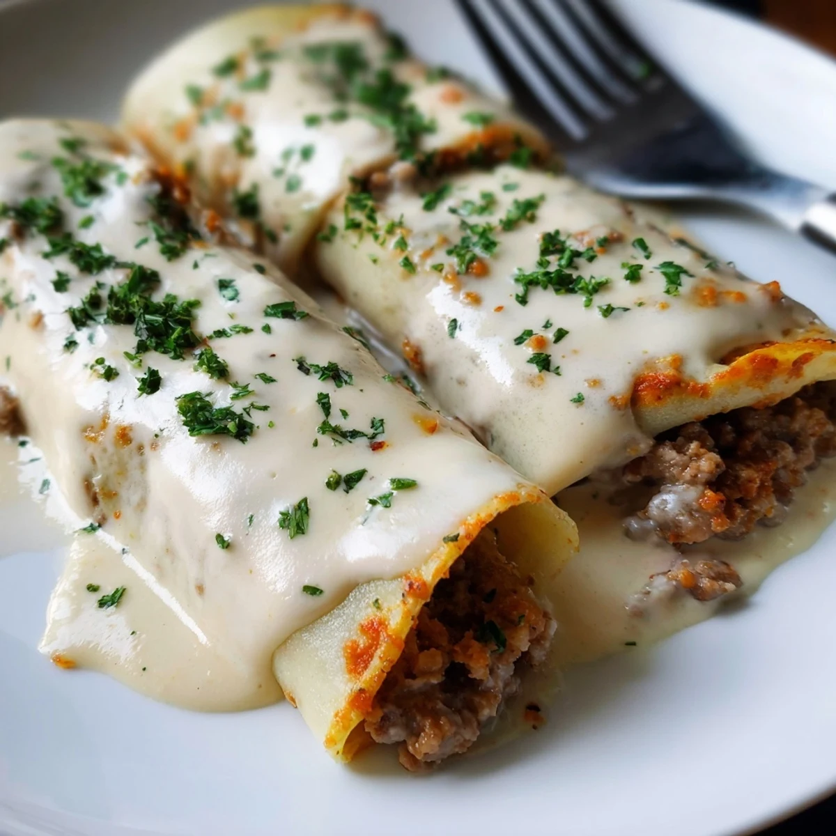Rolled Hungarian crepes baked under bubbly white sauce with spiced veal and pork filling
