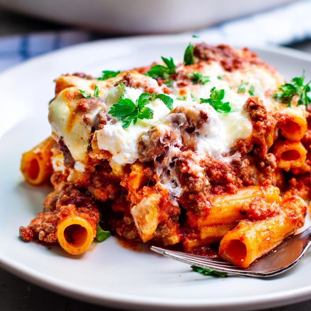 Baked rigatoni casserole with ground beef, melted mozzarella, and bubbling marinara sauce in a rectangular dish