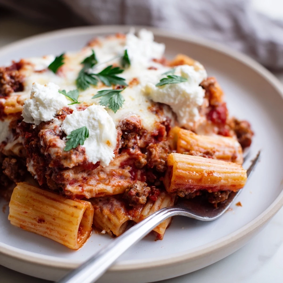 Savory rigatoni pasta casserole with seasoned ground beef, rich tomato sauce, and three melted cheeses