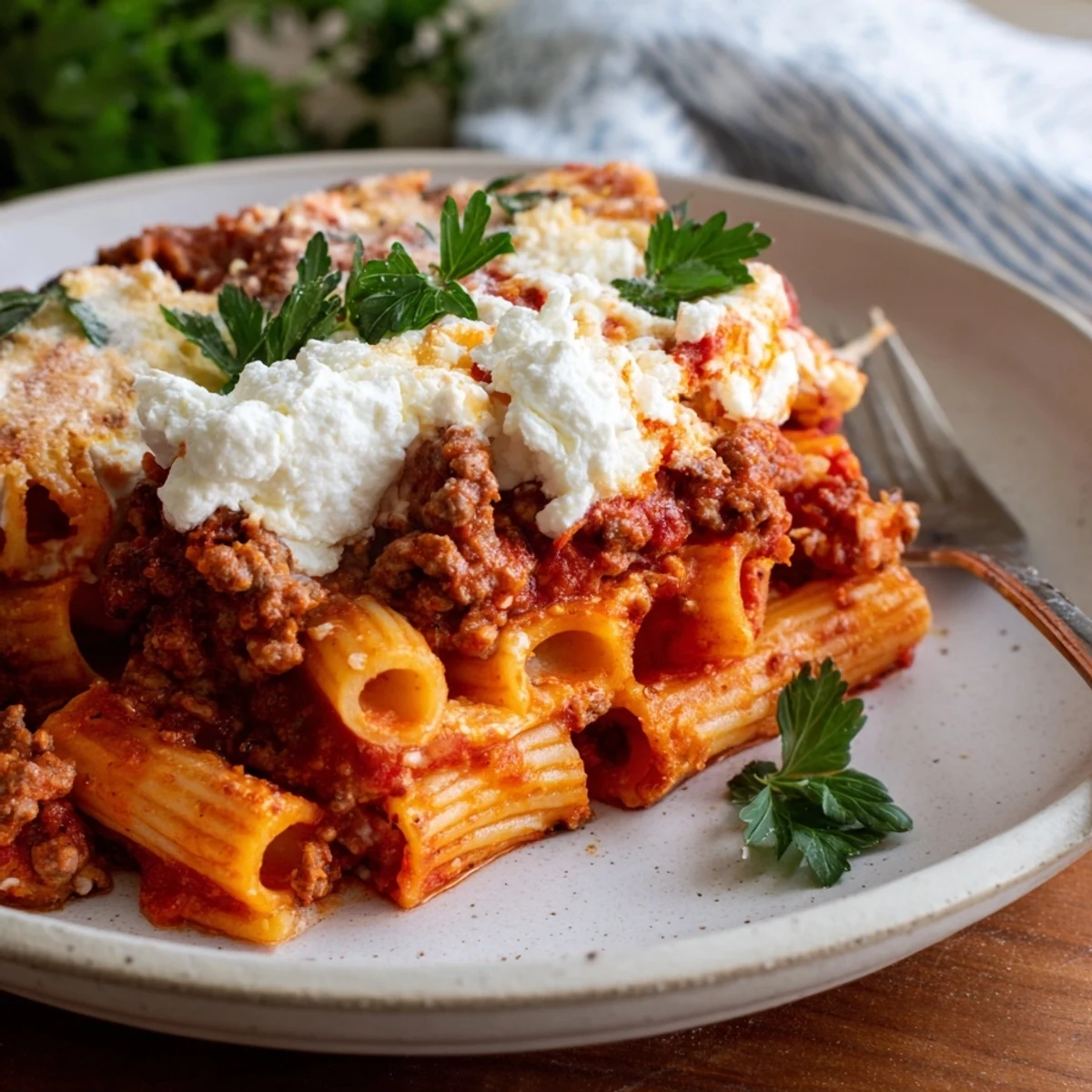 Comforting easy baked rigatoni with ground beef layered with ricotta and golden brown cheese topping