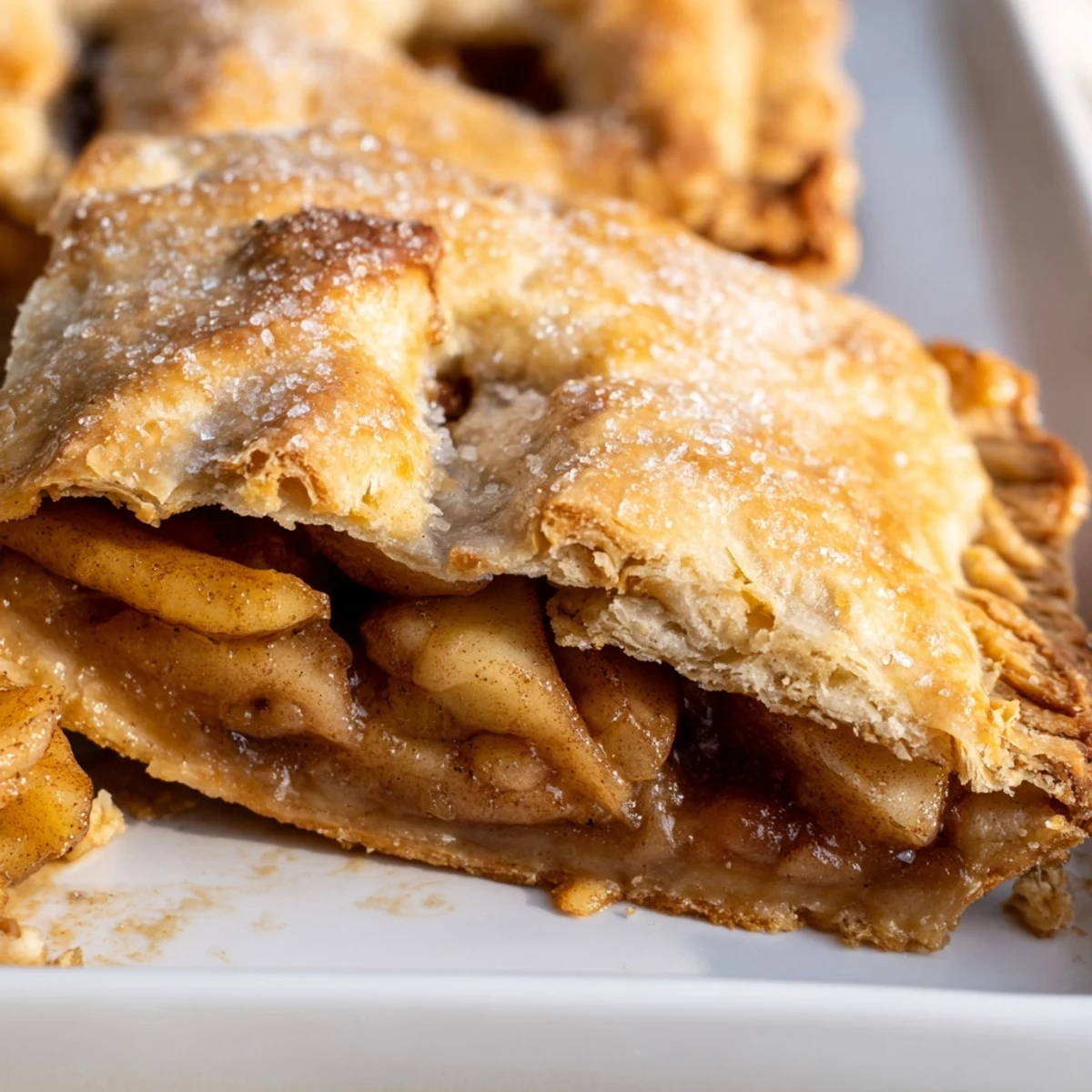 Rectangular apple slab pie featuring bubbling cinnamon apple layers beneath a golden brown lattice crust