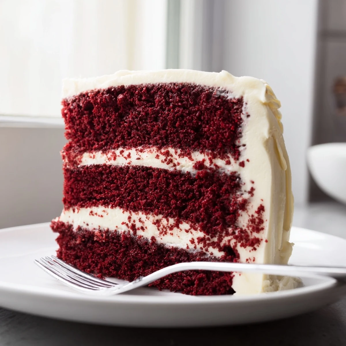 Moist red velvet cake layered with creamy cream cheese frosting on a white serving plate