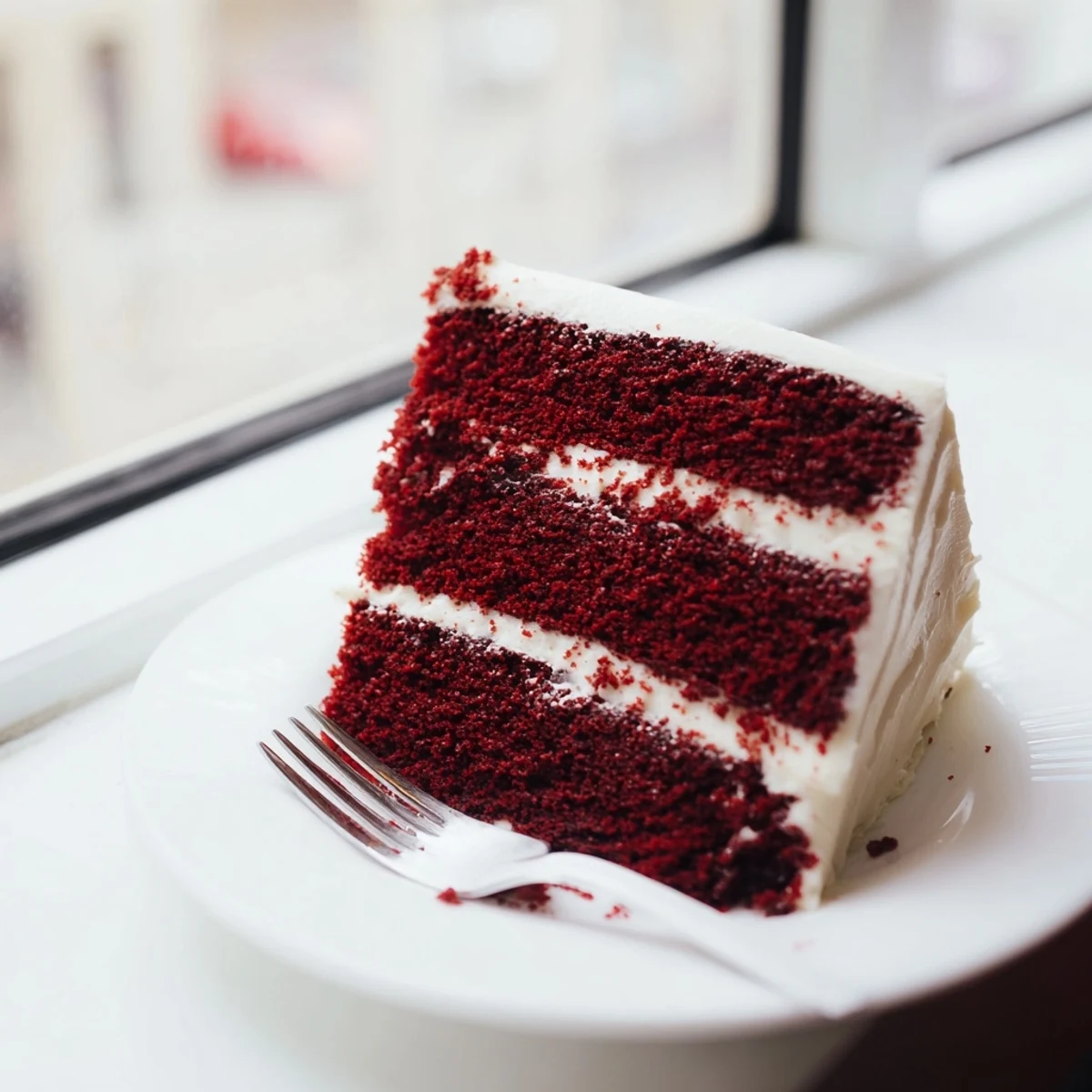 Two-layer red velvet cake with smooth cream cheese frosting ready for birthday celebrations