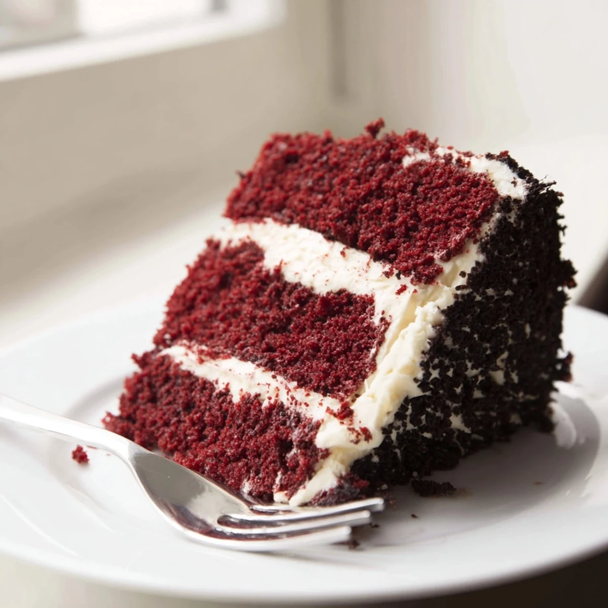 Slice of red velvet cake showing tender red crumb texture topped with fluffy white frosting