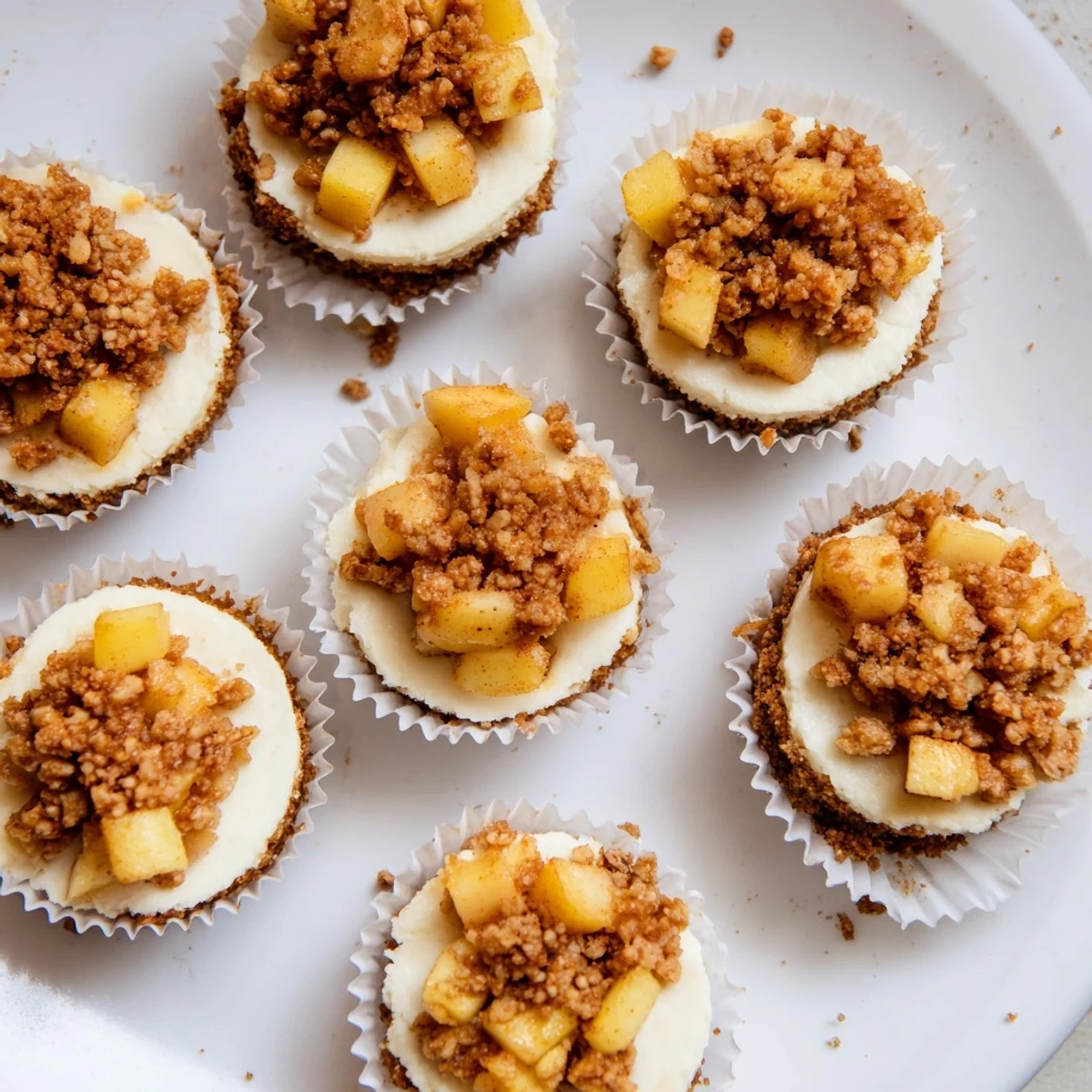 Individual apple crisp cheesecakes featuring tender baked apples over rich creamy cheesecake filling
