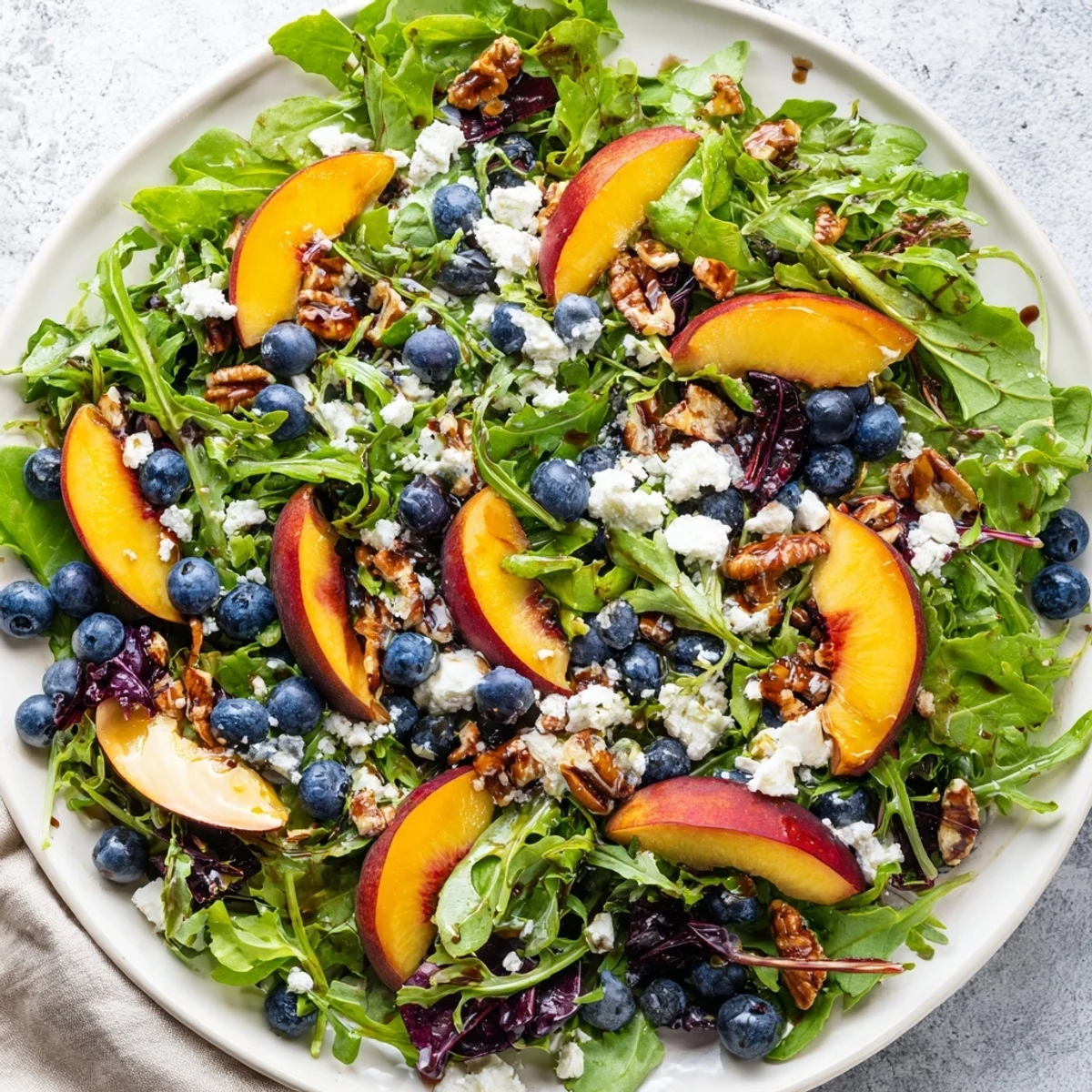 Fresh blueberry peach feta salad recipe showcasing vibrant summer fruits tossed with crisp mixed greens and creamy feta cheese in a large serving bowl