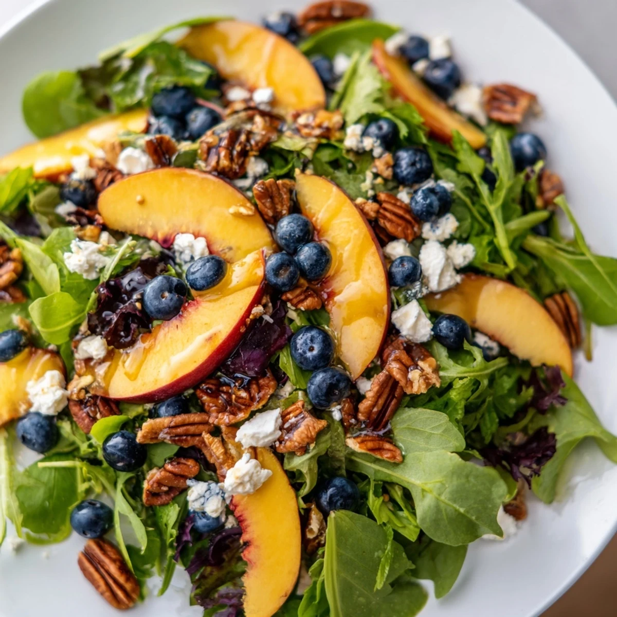 Colorful blueberry peach feta salad recipe featuring juicy ripe peach slices and plump blueberries atop leafy arugula, finished with crumbled white feta