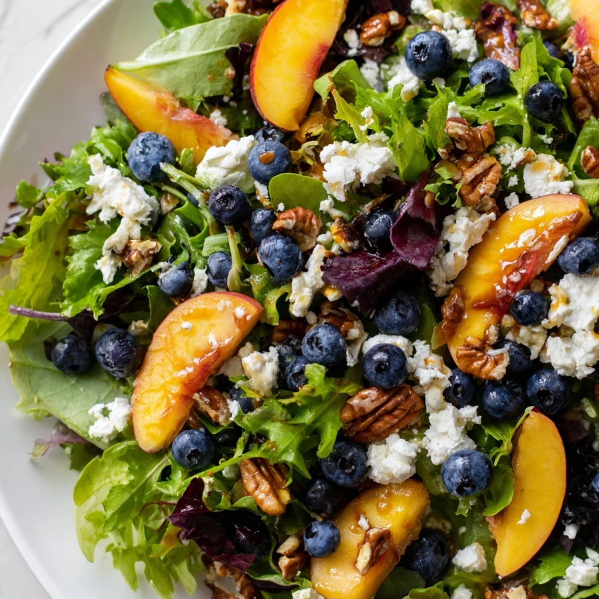 Summer blueberry peach feta salad recipe arranged on rustic wooden plate with toasted pecans, sweet peaches, and fresh blueberries drizzled with balsamic dressing