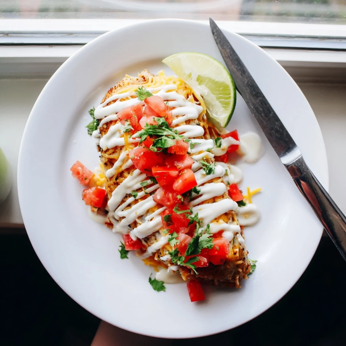 Golden grilled Fiesta Lime Chicken topped with melted cheddar and drizzled with zesty cream sauce