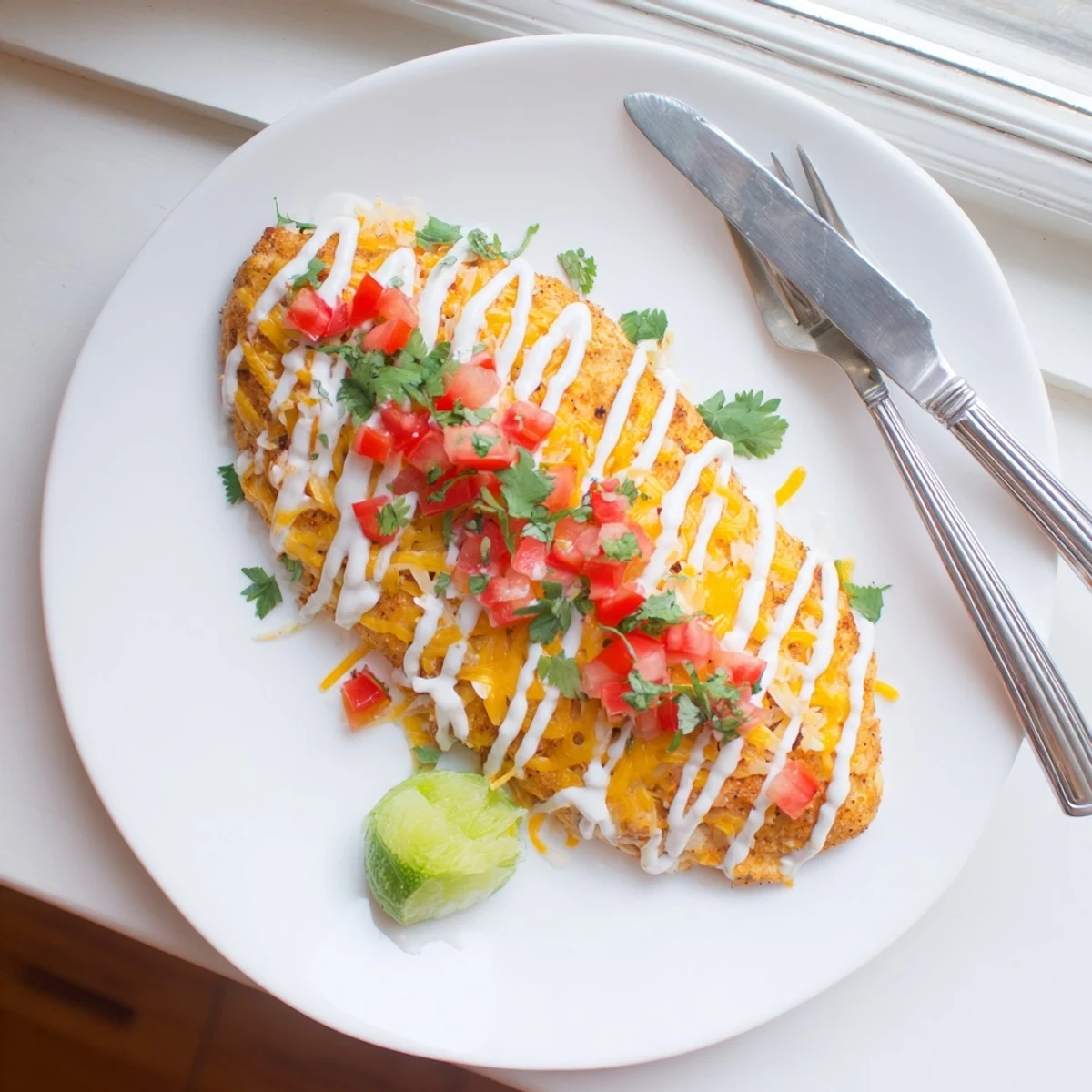 Charred chicken breasts marinated in lime and spices, garnished with fresh cilantro and pico de gallo