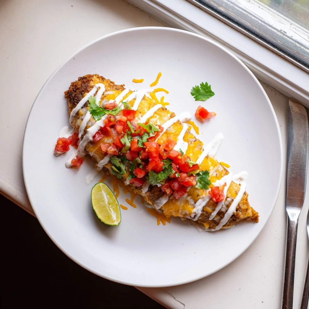 Fiesta Lime Chicken sizzling on the grill with melted cheese, salsa, and lime wedges