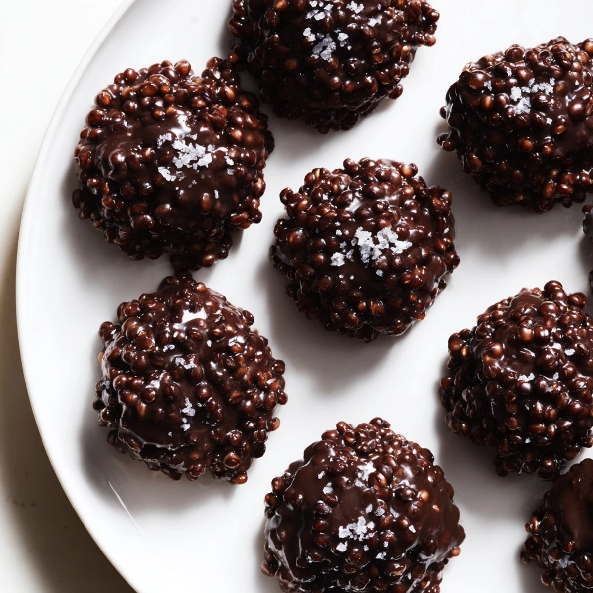 Golden dark chocolate quinoa crisps sprinkled with sea salt on a white plate