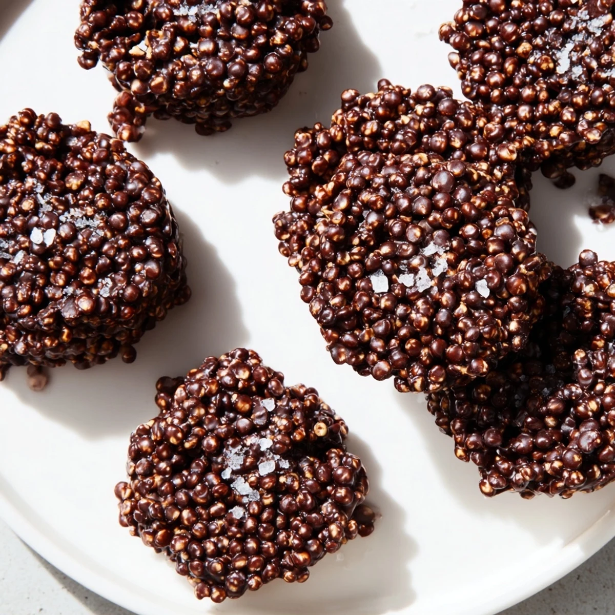 Rich melted dark chocolate coating crunchy toasted quinoa clusters for a gluten-free dessert