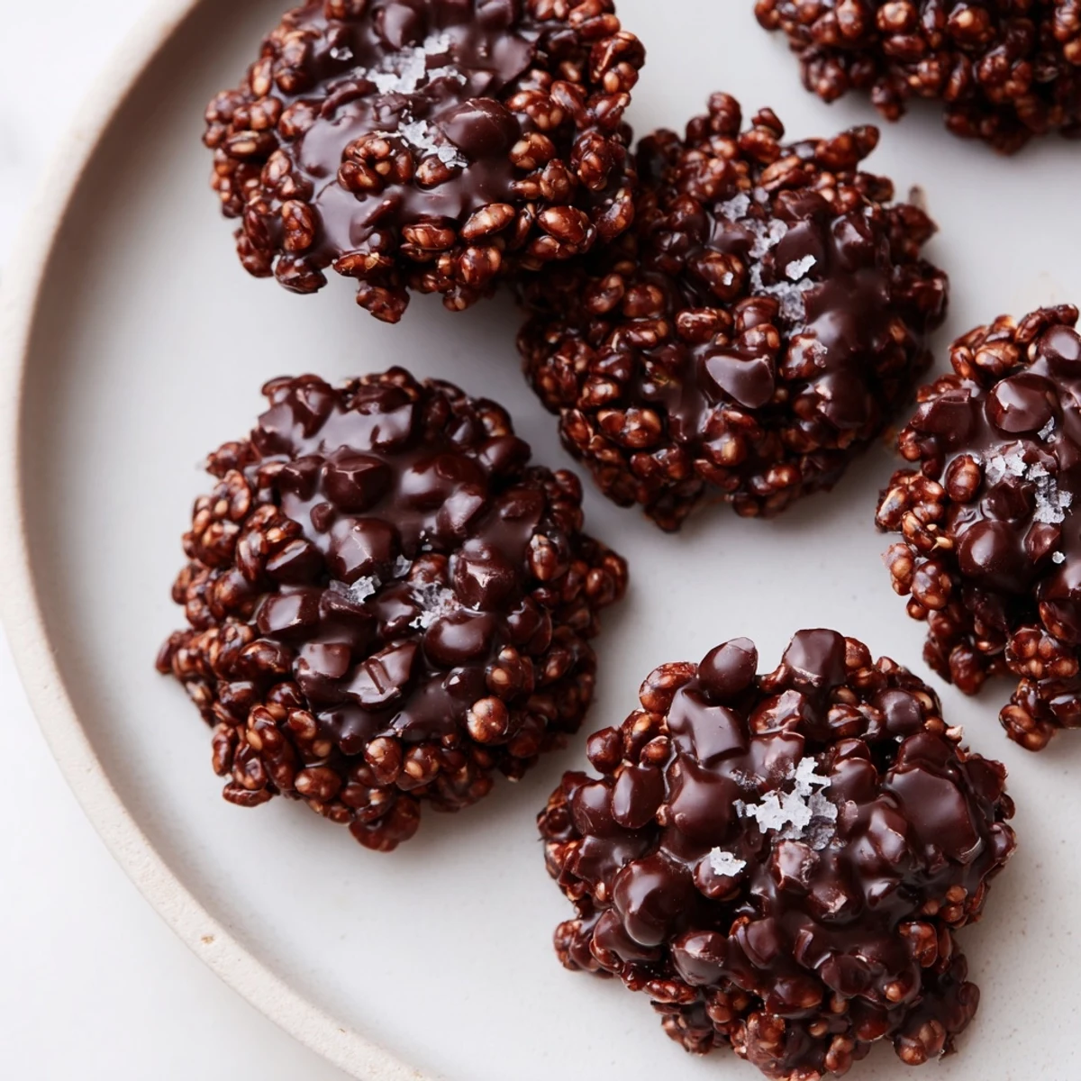 Bite-sized chocolate quinoa crisps arranged on parchment paper ready for snacking or gifting