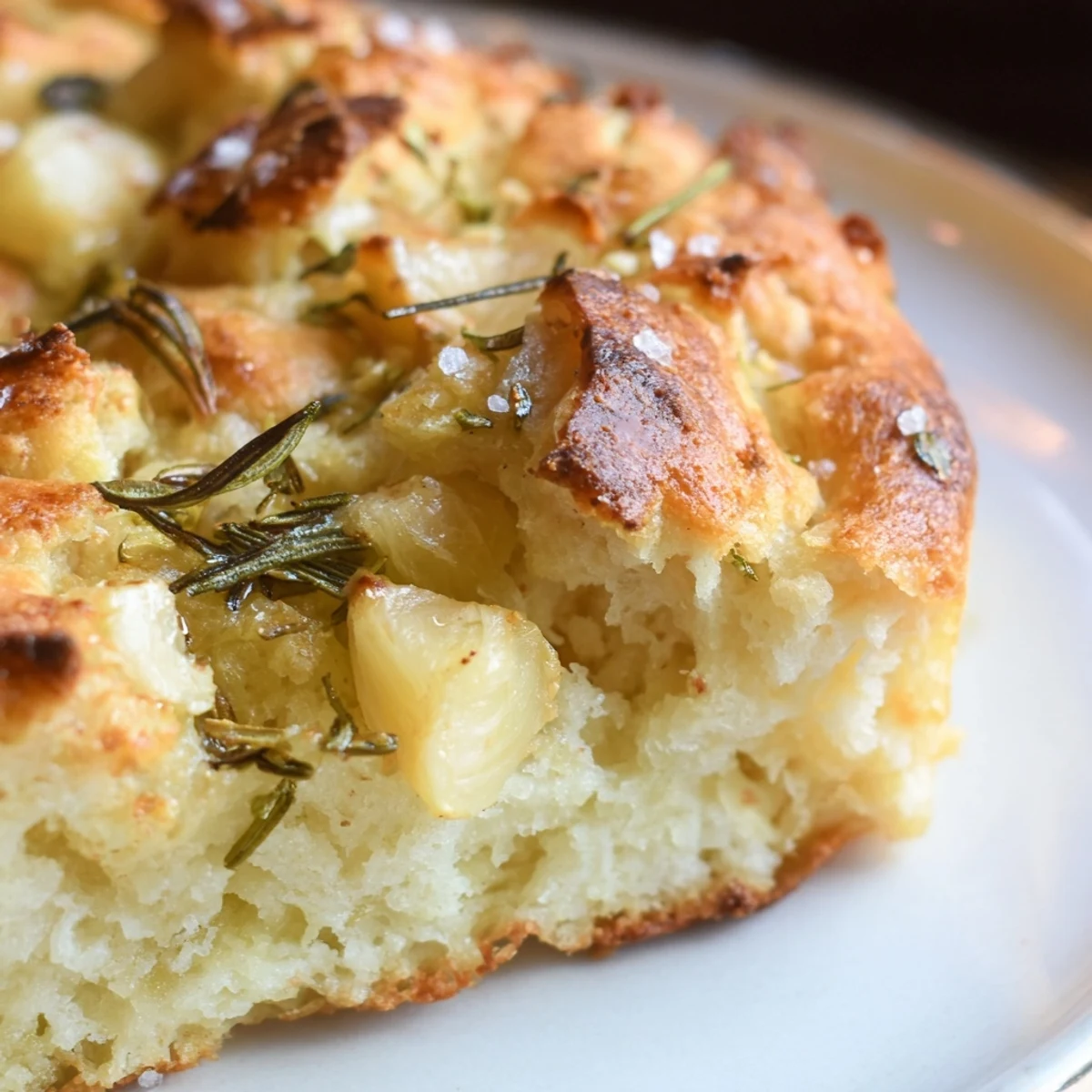 Warm cast iron skillet bread featuring roasted garlic rosemary and golden brown crust