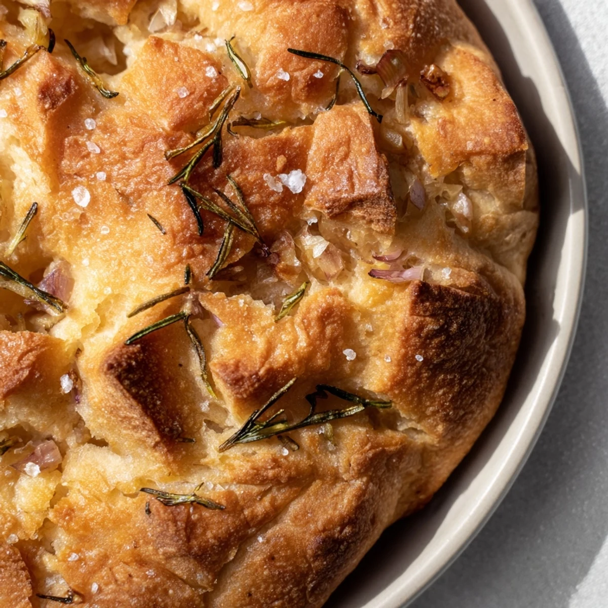 Golden rustic garlic rosemary skillet bread with crisp edges and flaky sea salt topping