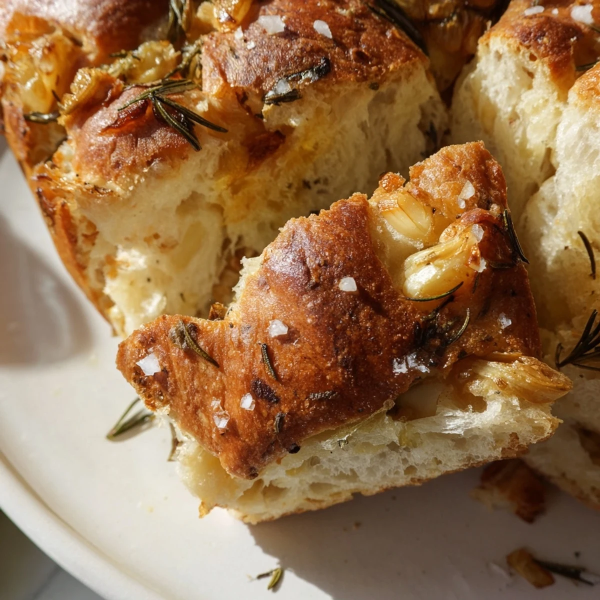 Sliced rustic garlic rosemary skillet bread with chewy crumb and fragrant herb topping