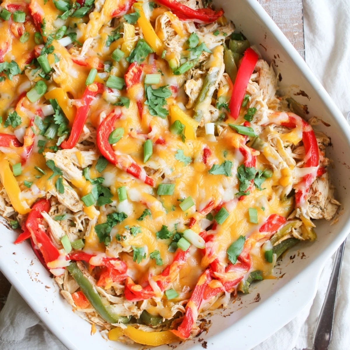 Golden bubbly cheesy chicken fajita casserole topped with melted Mexican cheese and fresh cilantro