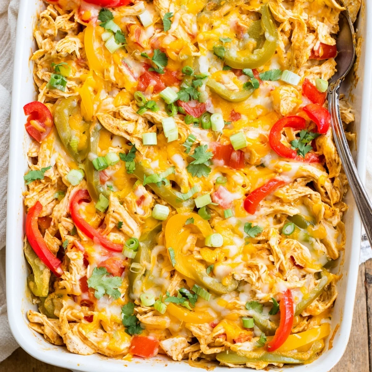 Hearty cheesy chicken fajita casserole baked with colorful bell peppers and onions in a 9x13 dish