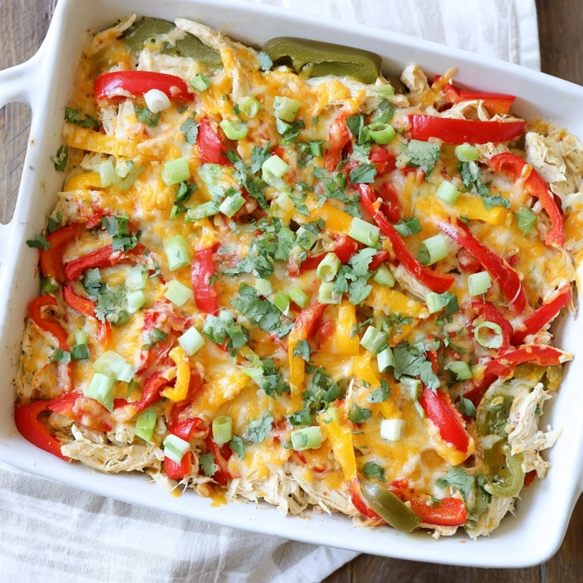 Savory cheesy chicken fajita casserole featuring tender shredded chicken and vibrant red green and yellow peppers