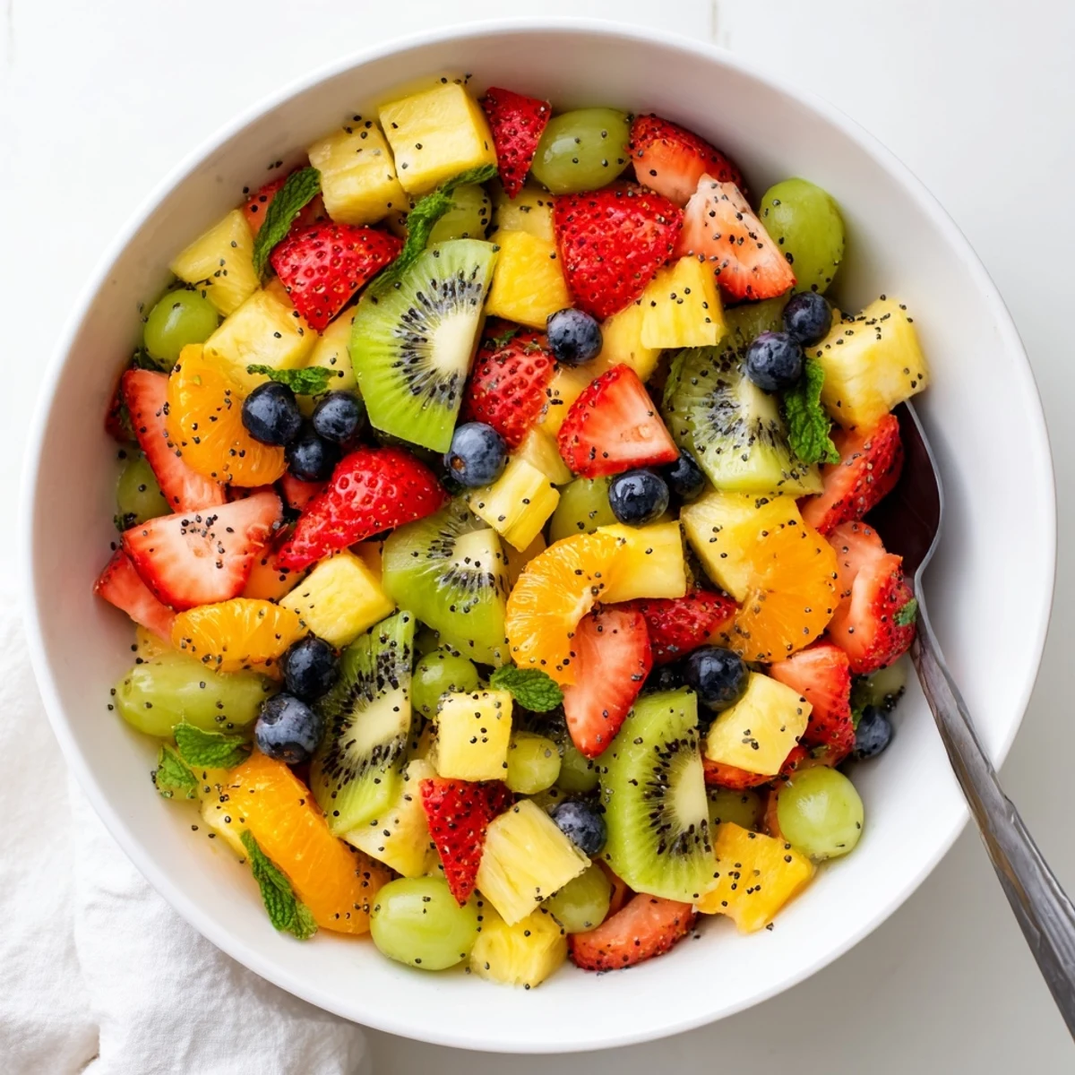 Refreshing Easter fruit salad displaying vibrant pineapple, grapes, and mandarin oranges in honey lime dressing
