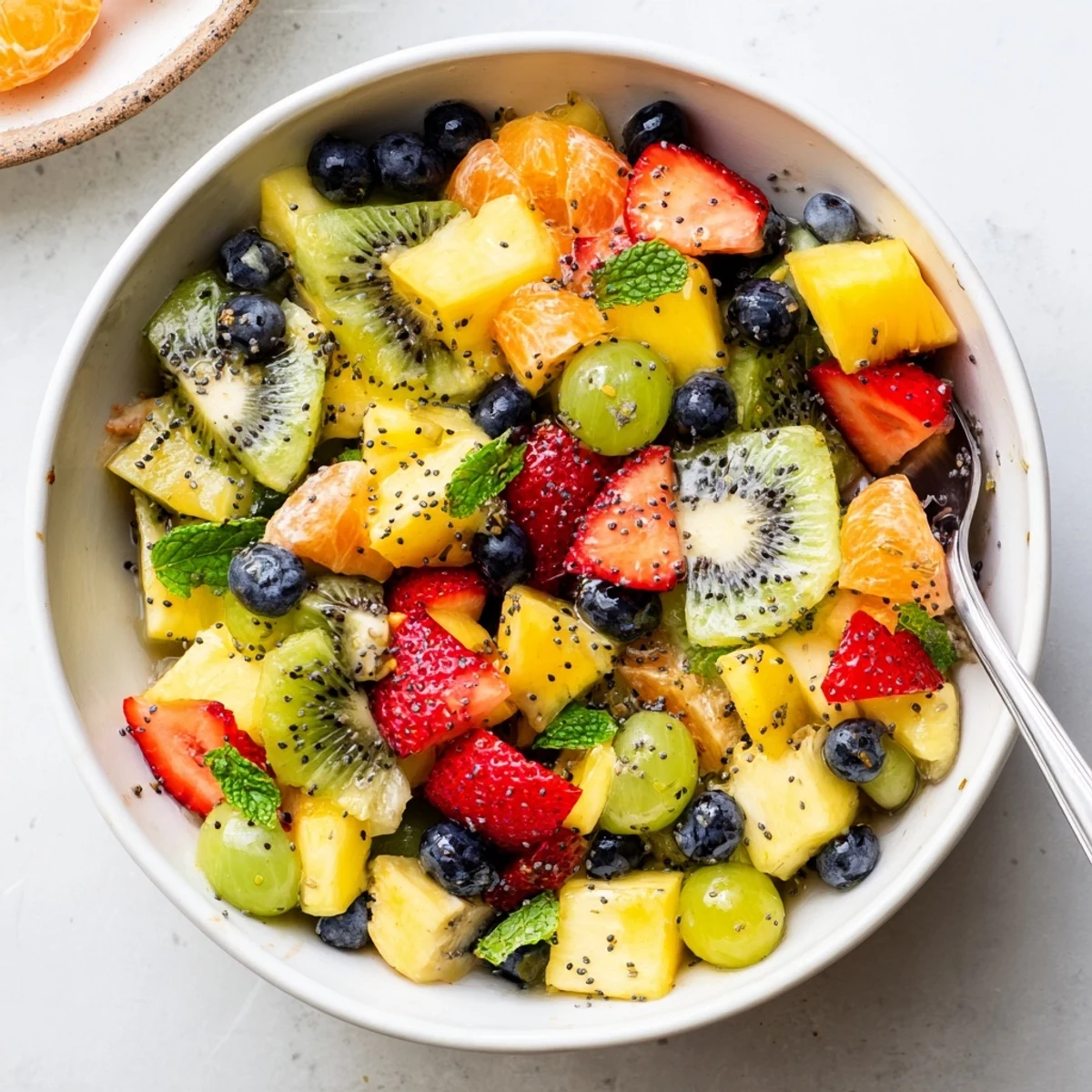 Colorful Easter fruit salad bowl filled with fresh strawberries, kiwi, and blueberries topped with mint