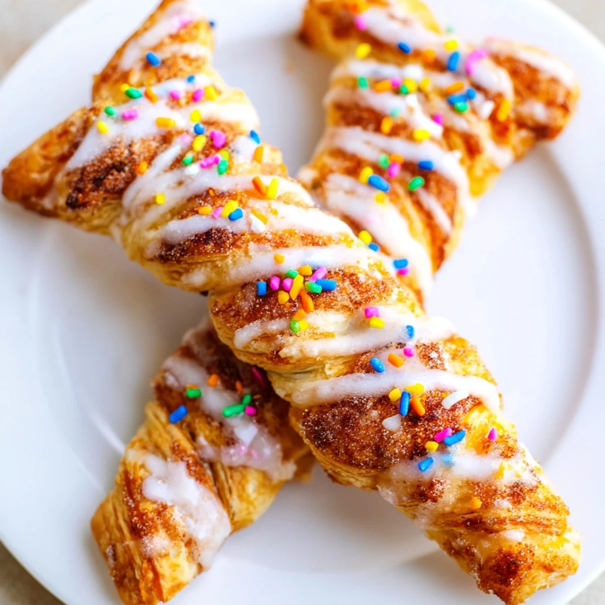 Fluffy puff pastry Easter Bunny Twists shaped like bunny ears with cinnamon sugar coating and sweet glaze