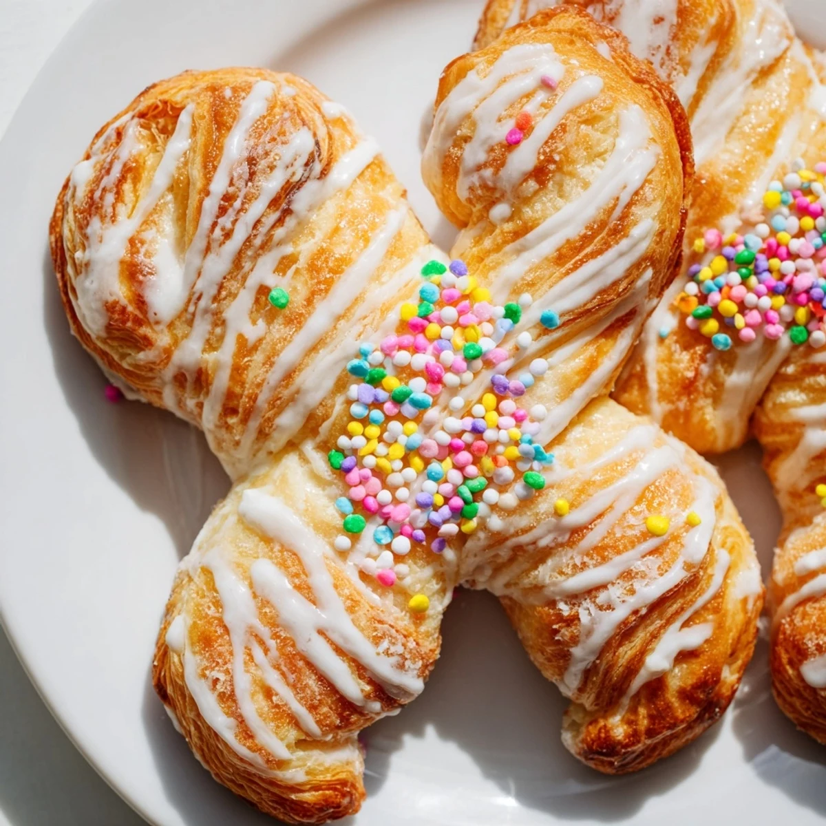 Golden brown Easter Bunny Twists drizzled with white icing and colorful sprinkles on a white serving plate