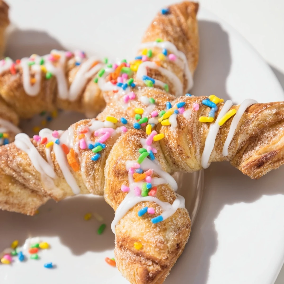 Freshly baked Easter Bunny Twists arranged on rustic wooden board topped with pastel sprinkles and icing drizzle
