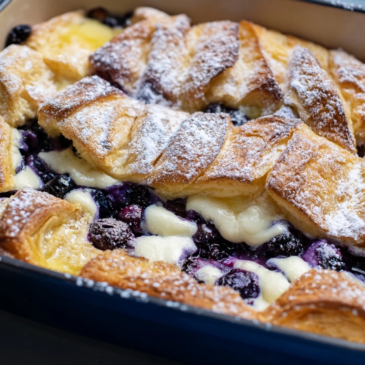 Golden blueberry cream cheese croissant casserole with bubbling berries and dusted powdered sugar topping