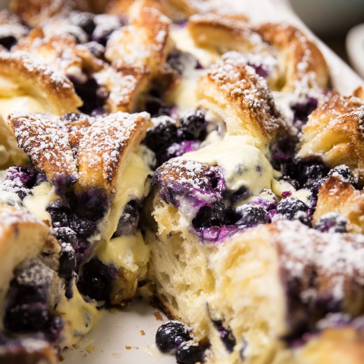 Baked breakfast dish featuring buttery croissant pieces layered with tangy cream cheese and plump blueberries