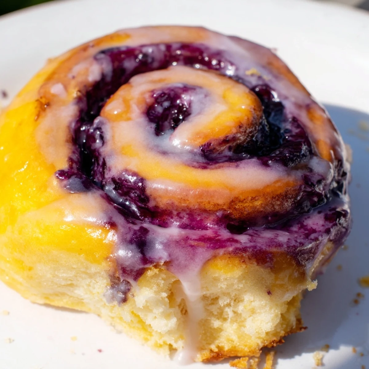 Freshly baked lemon blueberry rolls topped with zesty glaze on a wooden board