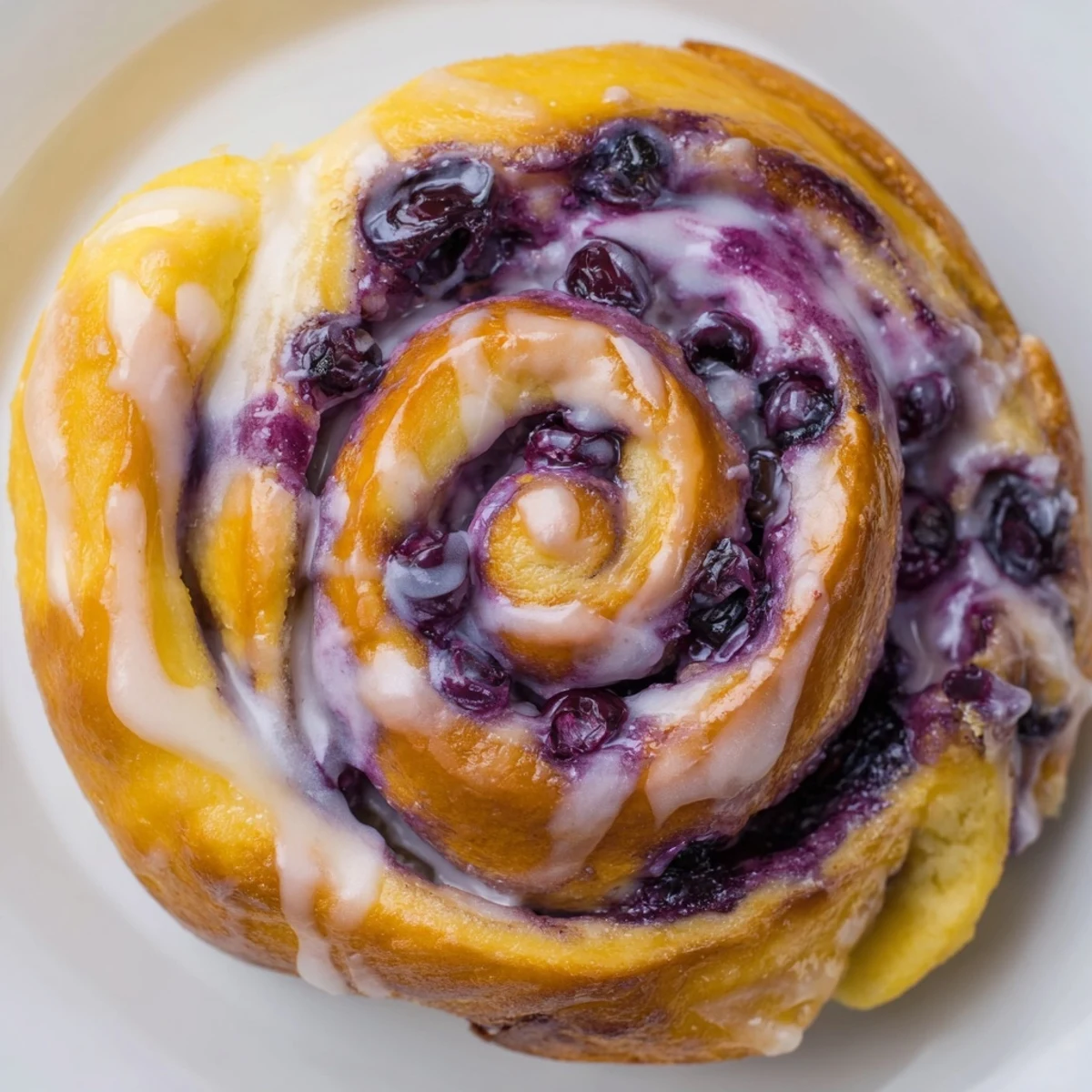 Golden lemon blueberry rolls swirled with sweet blueberry filling and white lemon icing