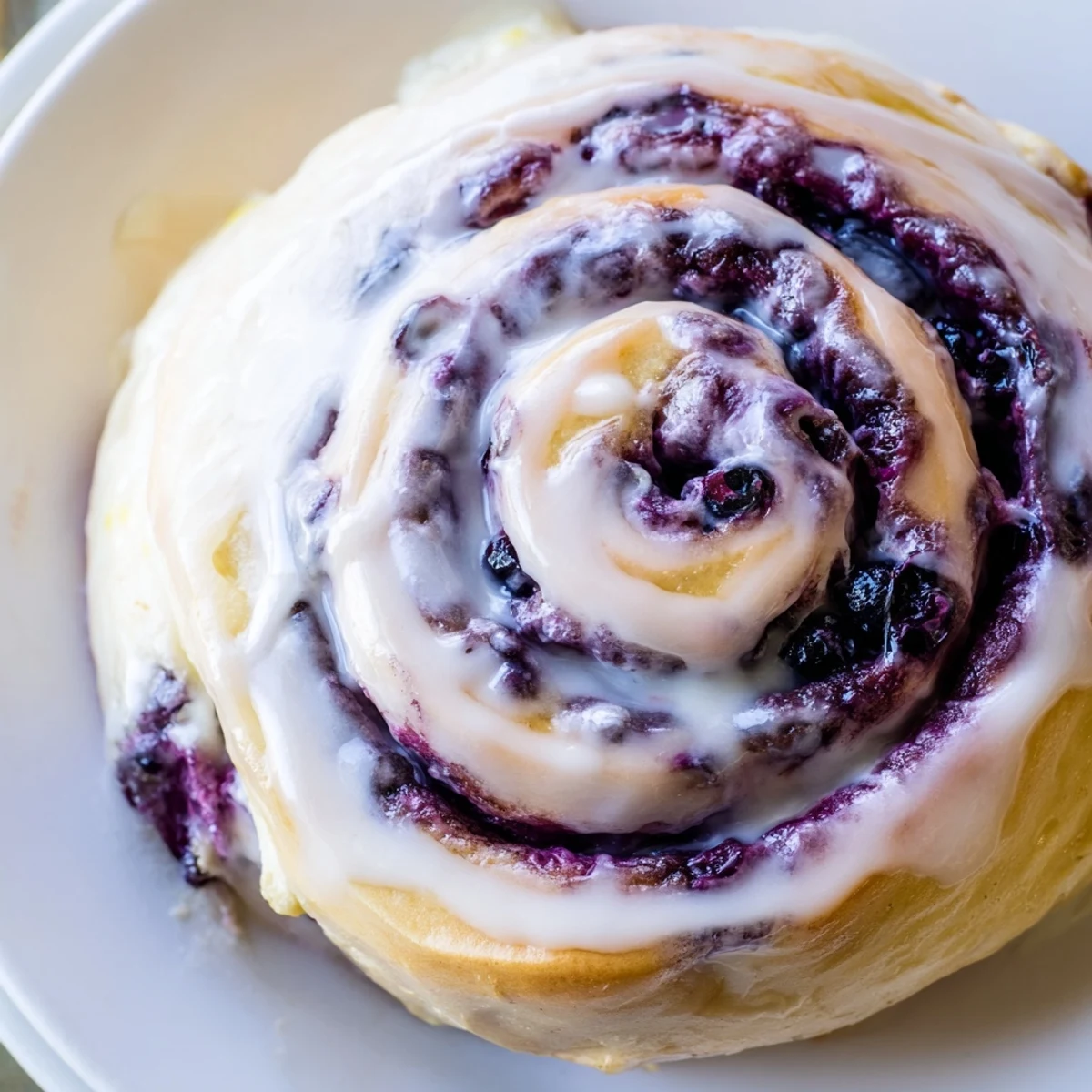 Soft lemon blueberry breakfast rolls drizzled with tangy lemon glaze ready to serve