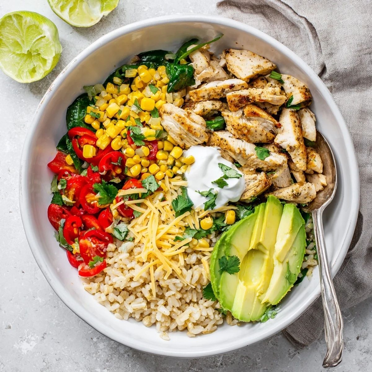 Southwest Spice Green Chile Bowl topped with fresh avocado slices and melted cheese