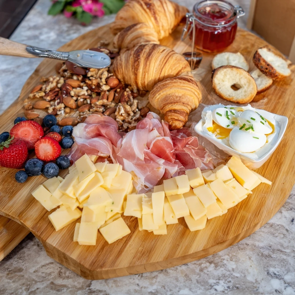 Generous breakfast charcuterie board featuring croissants, prosciutto, brie, and vibrant fruit arrangement
