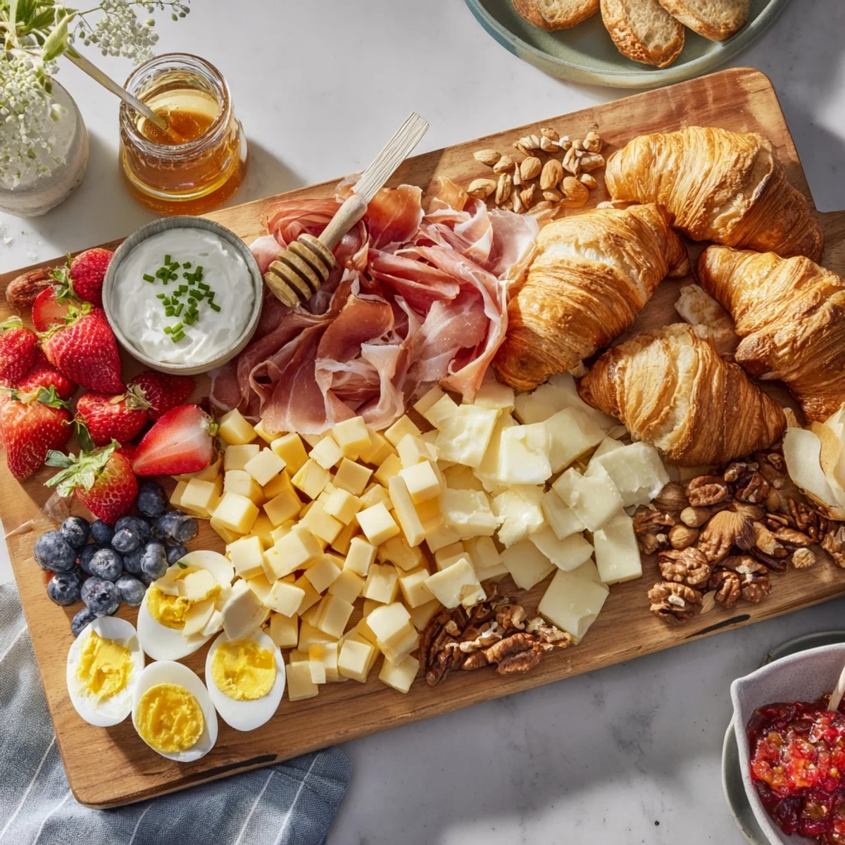 Colorful breakfast charcuterie board overflowing with fresh berries, cheeses, meats, and pastries