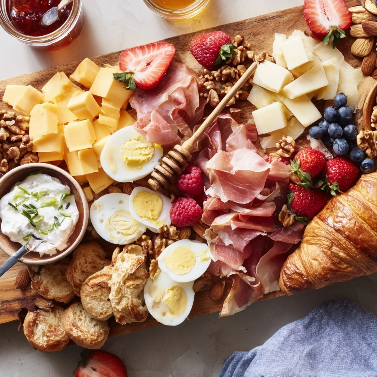 Elegant breakfast charcuterie board spread with smoked salmon, bacon, honey, and toasted bagels