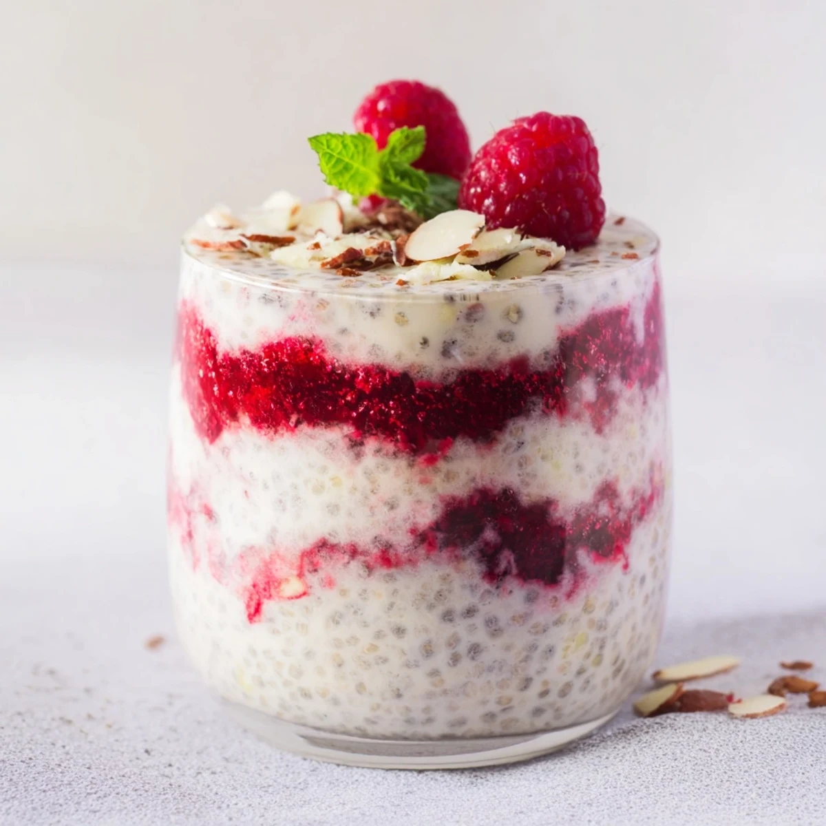 Glass jar layered with creamy raspberry chia pudding sweetened naturally with maple syrup