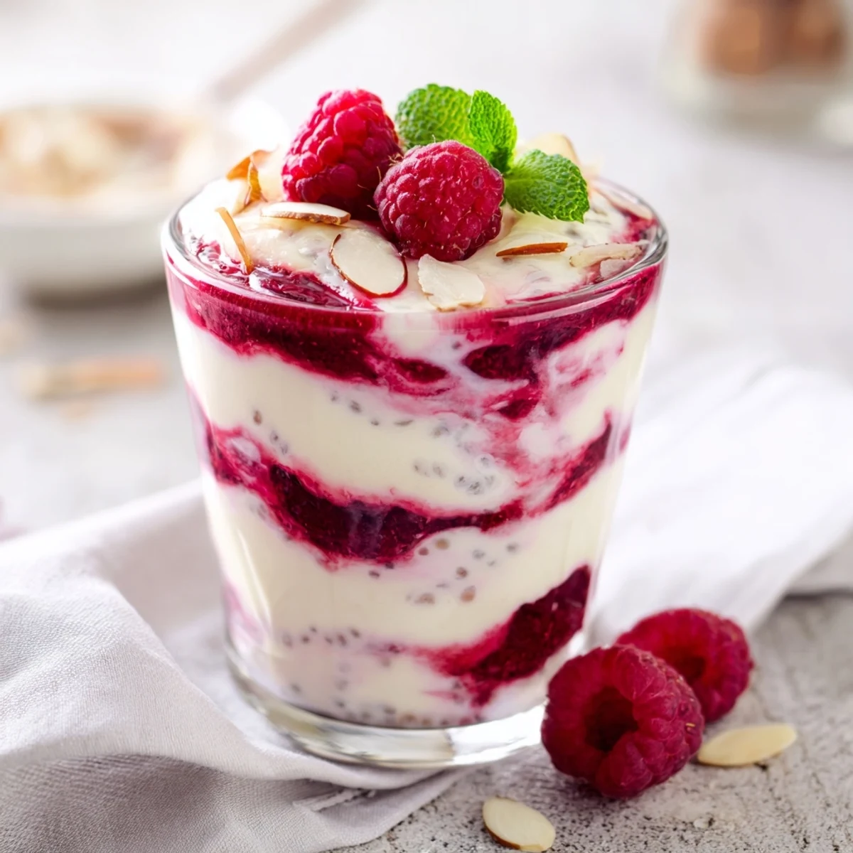Vegan raspberry chia pudding parfait topped with fresh berries and mint leaves