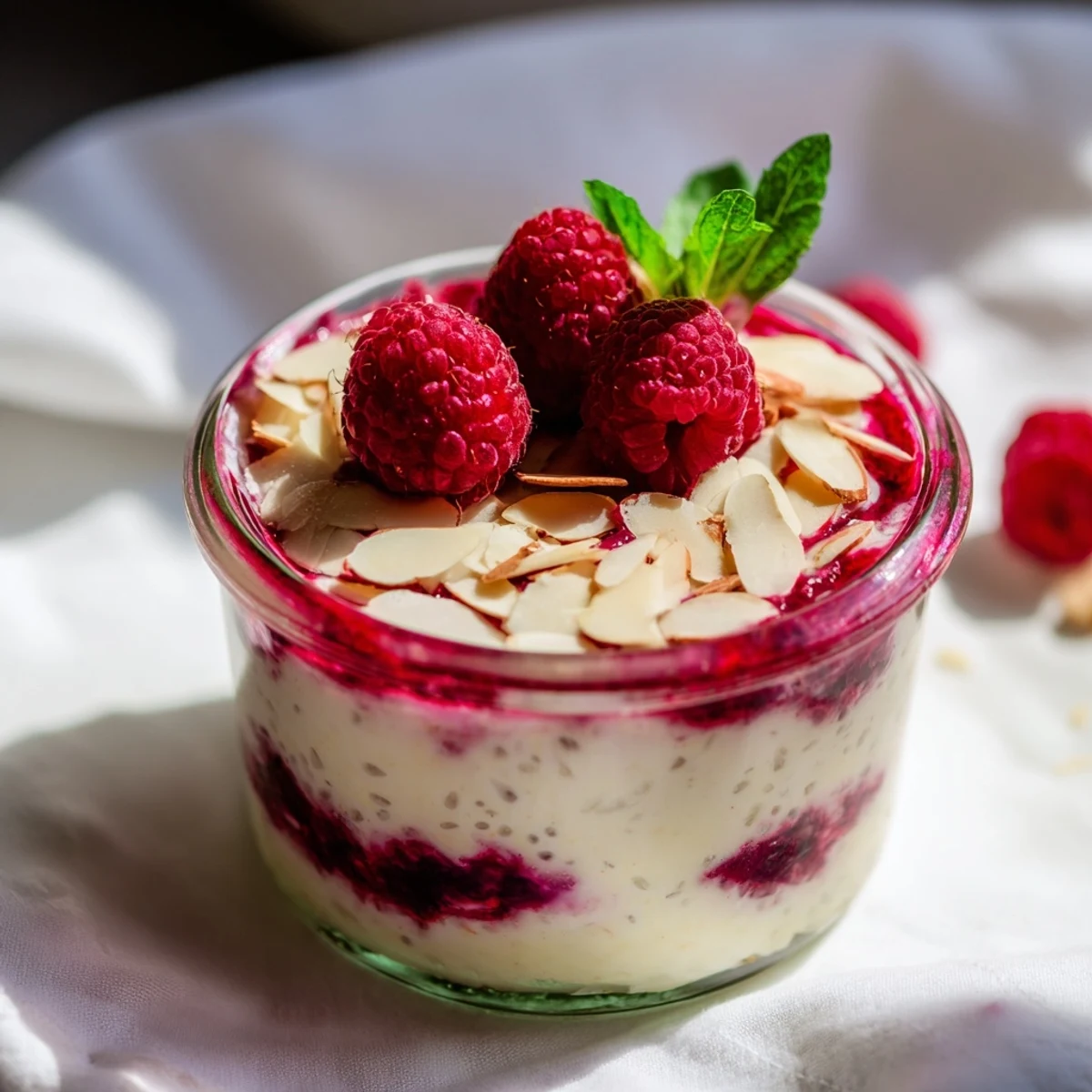 Creamy maple-sweetened chia pudding layered with vibrant raspberry compote in clear serving glass