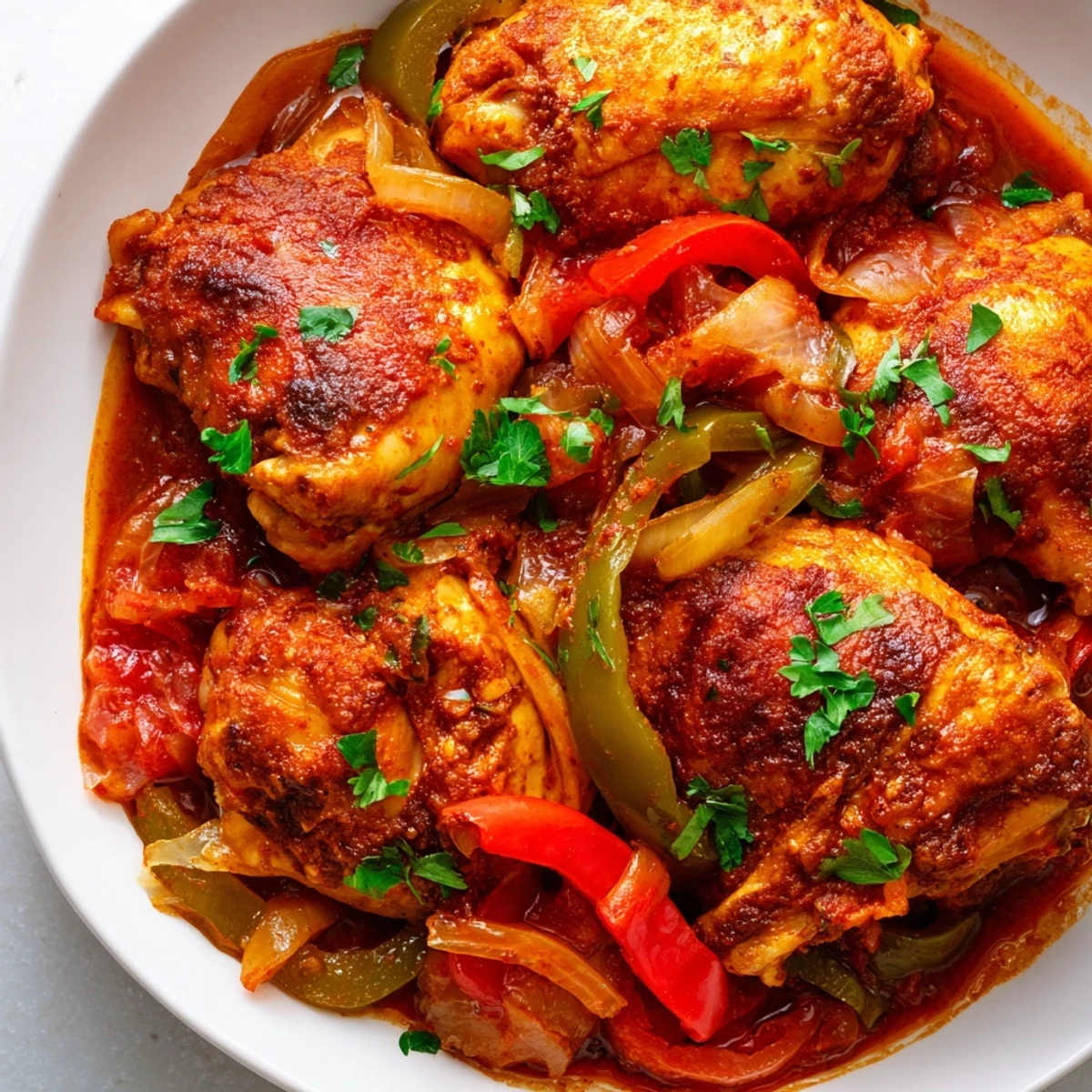 Senegalese chicken simmered in rich tomato sauce with colorful bell peppers and aromatic spices